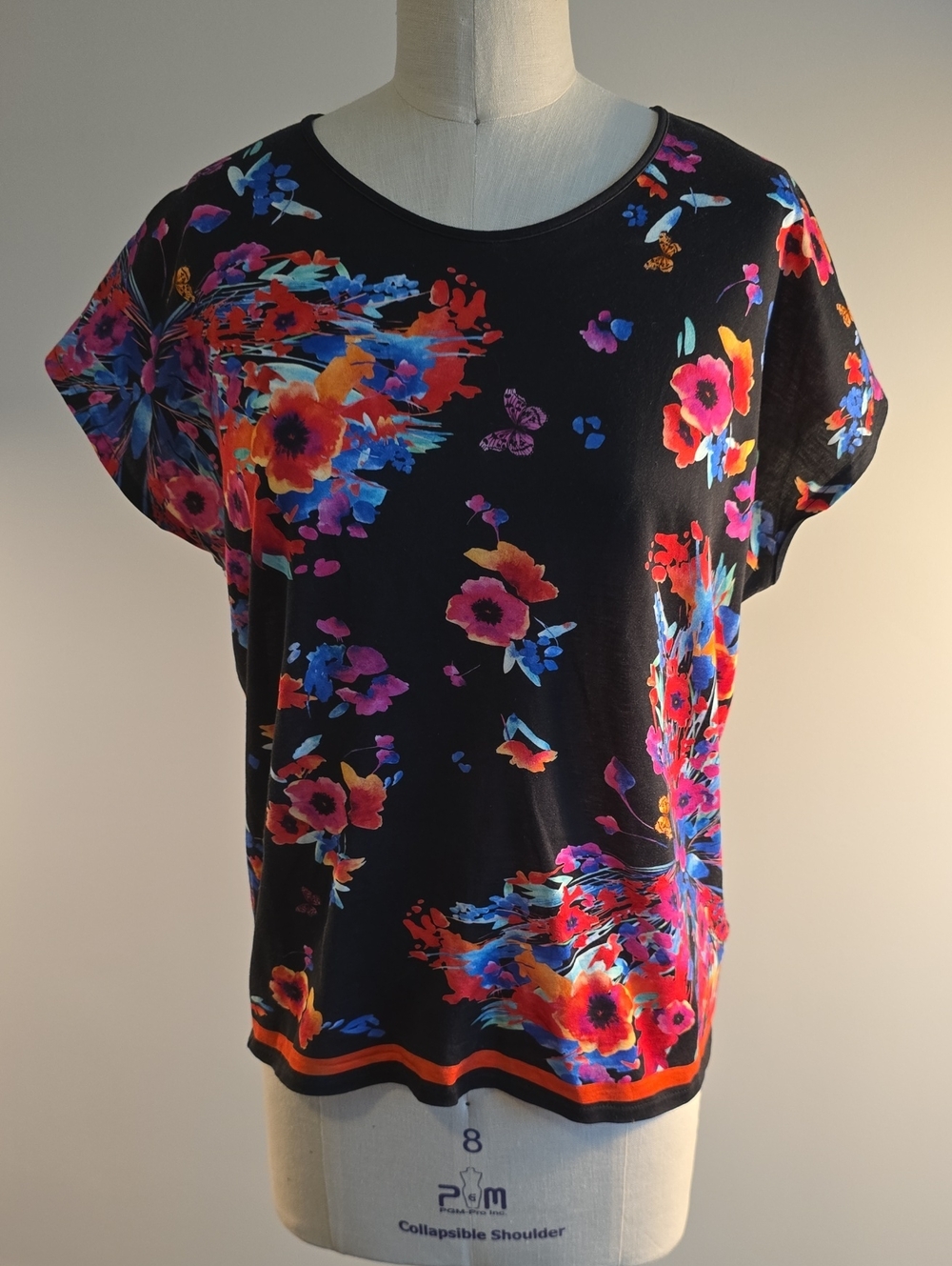 Salvatore Ferragamo Black Floral Short Sleeve Tee with Bright Multicolor Blooms